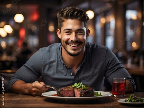 Young adults enjoying a meal and drinks at a cheerful bar generated by AI  Young businessman is having lunch in restaurant