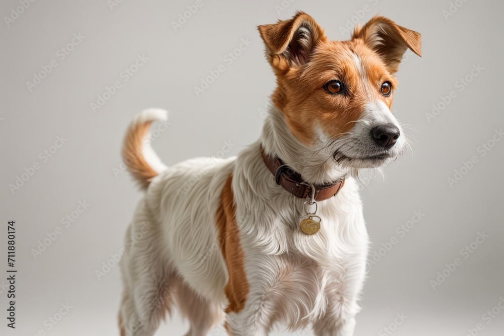 Perro fox terrier de pelo duro, de pie, sobre fondo blanco