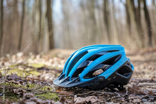 Bicycle helmet in the forest. Background with selective focus and copy space