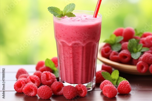 Delicious raspberry milkshake in glass for refreshing breakfast or snack