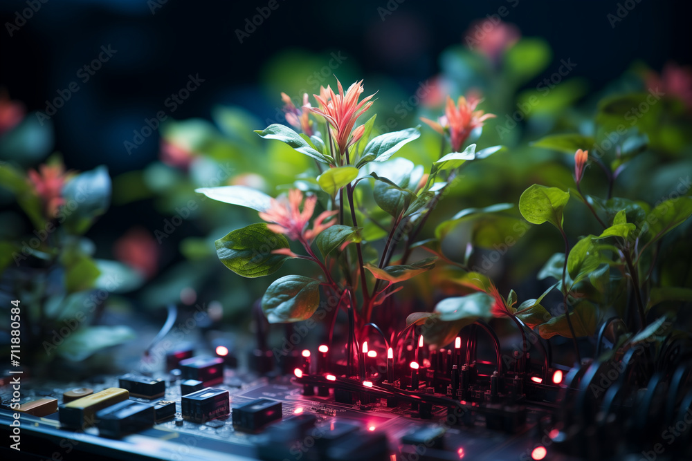 Jeunes pousses de fleurs qui poussent dans des puces informatiques, ordinateur et concept de numérique responsable vert et croissance verte - obrazy, fototapety, plakaty 