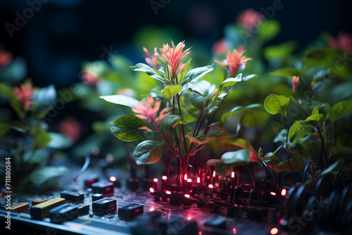 Jeunes pousses de fleurs qui poussent dans des puces informatiques, ordinateur et concept de numérique responsable vert et croissance verte