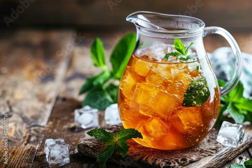 A jug of homemade iced tea with peppermint leaves and ice cubes