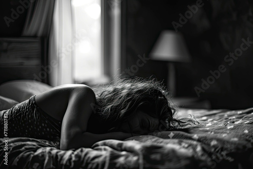 A woman crying in her bed while feeling lonely in black and white photo
