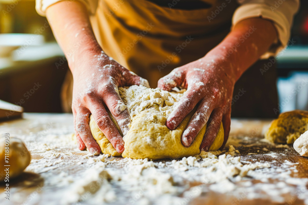 Hands preparing dough with flour on a table, kneading and baking