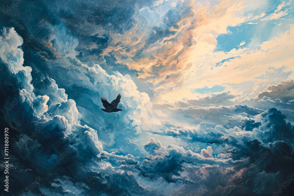 A bird flying high up in the cloud-covered sky, an illustration A bird flying high up in the cloud-covered sky, an illustration