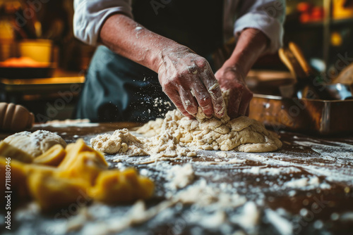 Hands preparing dough with flour on a table, kneading and baking