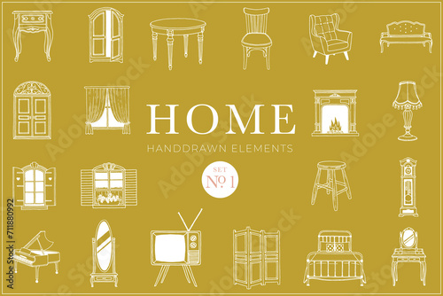 Home handdrawn design elements, Decoration, Hygge, house, cosiness, design elements