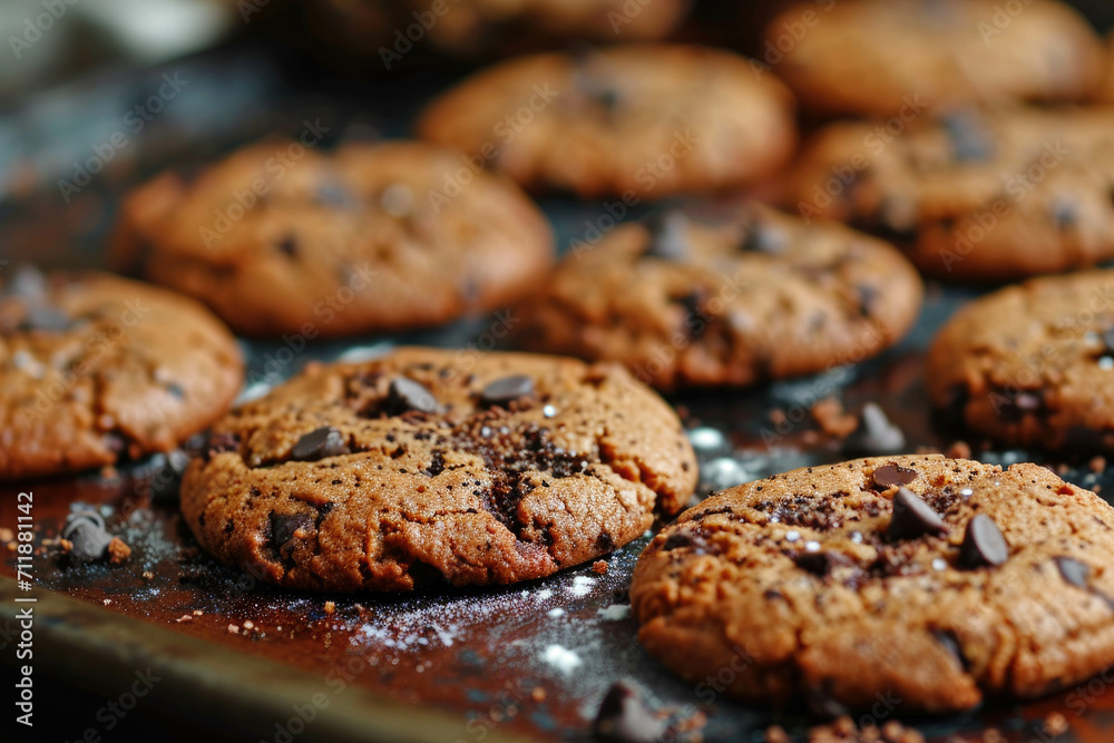 Tasty cookies with chocolate chips on a baking tray Tasty cookies with chocolate chips on a baking tray