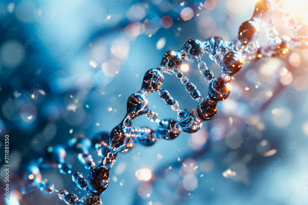 A closeup of a DNA molecule on a blue background A closeup of a DNA molecule on a blue background