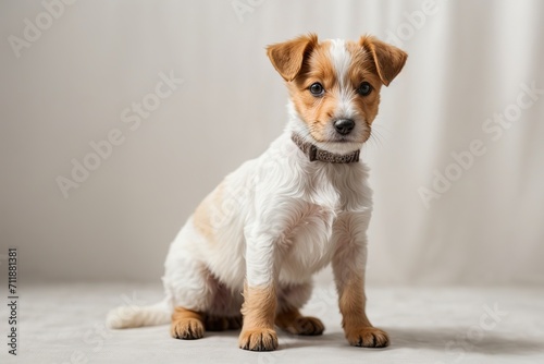 Cachorro fox terrier de pelo duro, sentado, sobre fondo blanco photo