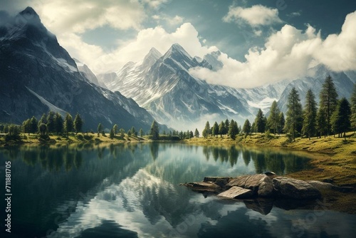 An image depicting a serene lake nestled among mountains. Generative AI photo