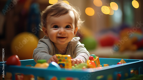 A baby boy surrounded by an array of colorful and stimulating toys, exploring his curiosity in a playpen, creating a delightful and realistic HD image photo
