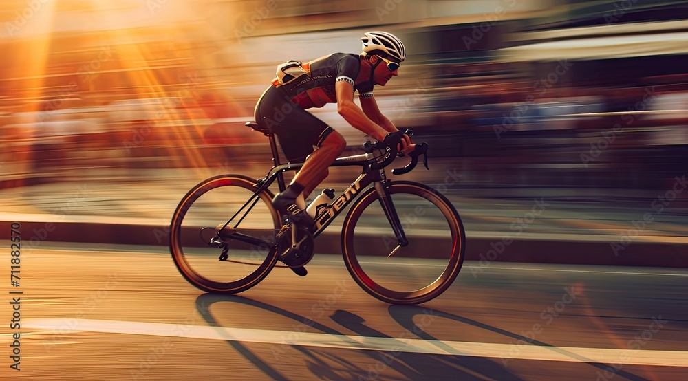 Fototapeta premium A dynamic shot capturing the speed and energy of a man on a racing bike, riding fast with a blurry background and sunlight flare, epitomizing the thrill of cycling