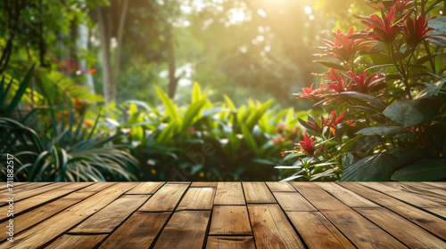 Empty Old Bamboo Table with Blurred Garden Theme in Background  Perfect for Product Display.