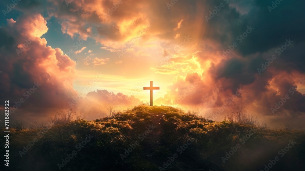 beautiful cross of christ on a hill - obrazy, fototapety, plakaty 
