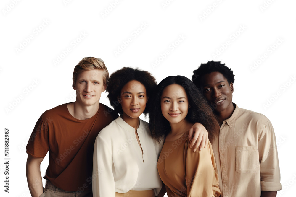 Beautiful young people are friends together of different ethnicities and nationalities. Transparent background, isolated.