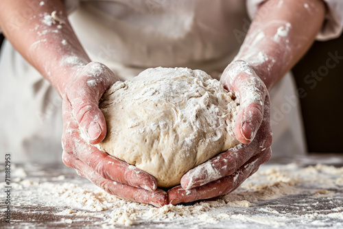 Baker chef is making with flour loaf of dough. Kneading dough. Generative AI