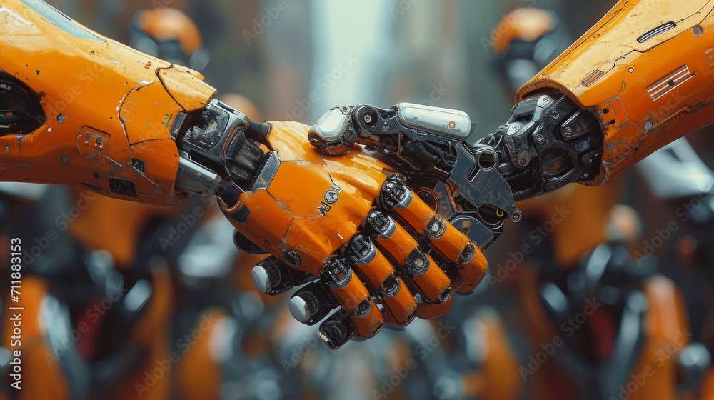 Two robots handshake. Business handshake symbolizing collaboration between robot and robot partners or friends.