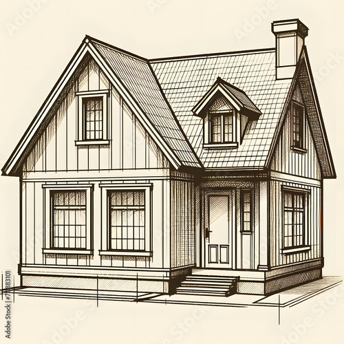 Vintage-style house illustration with detailed cross-hatching and shading, sepia-toned