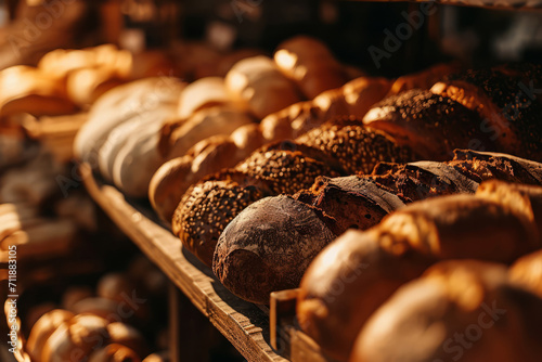 Different types of bread loaves on bakery shelves. Baker shop with rustic bread assortment. Generative AI