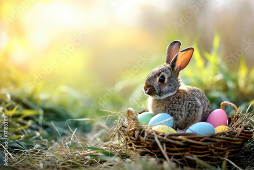 Easter bunny with a basket of eggs. Happy Easter concept. Generative AI © barmaleeva