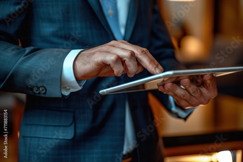 Man in Suit Holds Tablet