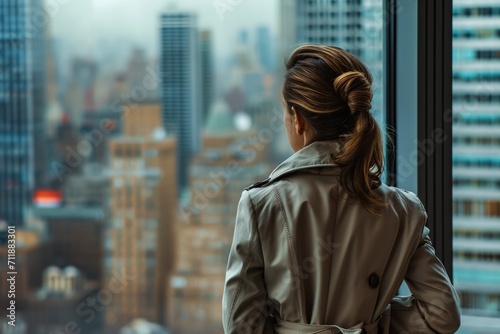 Woman in Trench Coat Peering Out Window