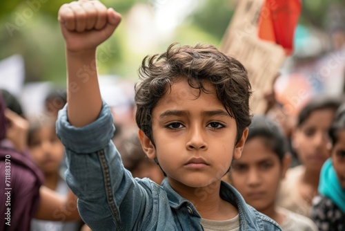 Young Boy Raising Fist in Protest