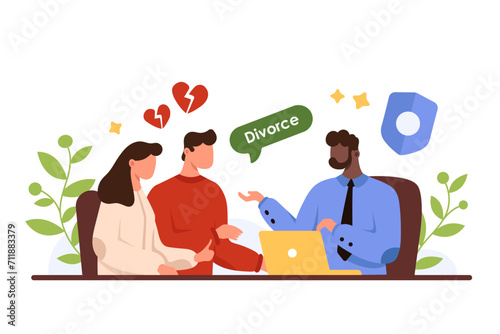 Legal advice from lawyer during divorce. Couple of married people with broken hearts above heads meeting with attorney to consult about marriage contract, alimony cartoon vector illustration
