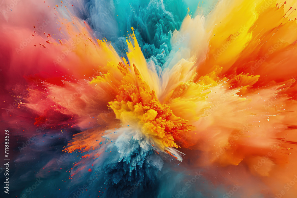Explosion of multicolored paint, splash of watercolor or colored powder, abstract pattern background. Bright burst of colorful dust. Concept of banner, holi festival, explode