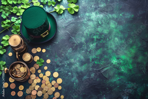 St. Patrick's Day background with leprechaun hat, pot of gold coins and clover leaves. Generative AI