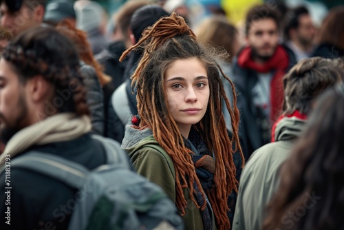 Woman With Dreadlocks in a Crowded Gathering