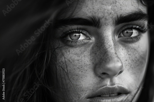 Freckled Hair Woman in Black and White © Ilugram