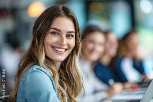 Smiling Woman Using Laptop Computer