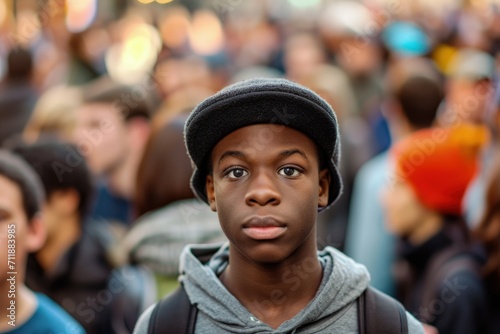 Young Man Amidst Crowd of People