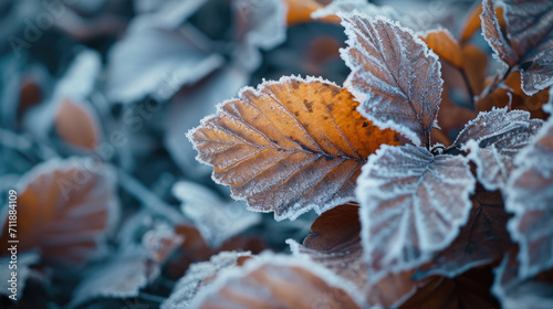 Closeup of a few frozen winter leaves, winter background.