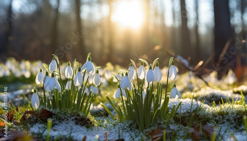 Serene snowdrop flowers in full bloom, emerging beautifully amidst the snow in early spring