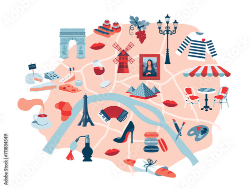 City map of Paris, France capitale. Big bundle collection of parisian cliché. French and parisian Symbols on a map. Vector illustration, separated items. photo