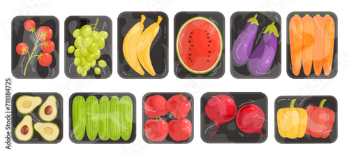 Vegetables and fruits in supermarket trays with clear wrap. Transparent film on styrofoam box with food products, package with tomato cherry and avocado, cucumber and apple cartoon vector illustration