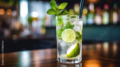 Cold Mojito cocktail with lime and lemon, ice cubes and mint. cool alcoholic drink with lemon and lime in a glass photo
