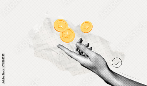 Trendy Halftone Collage Hand with Floating Coins. Payment concept. Financial planning. Save money. Earn and pay. Metaphor composition. Paper cut out design. Vector contemporary art