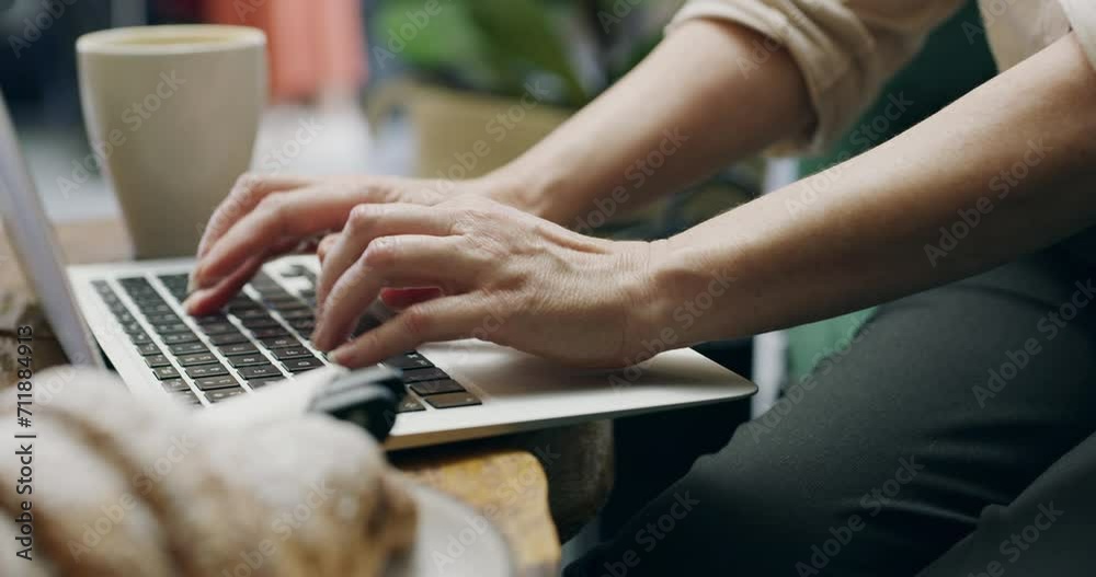 Remote work cafe, hands or man with laptop for planning, search or social media closeup. Research, blog or freelancer online at coffee shop for restaurant review, networking or feedback communication