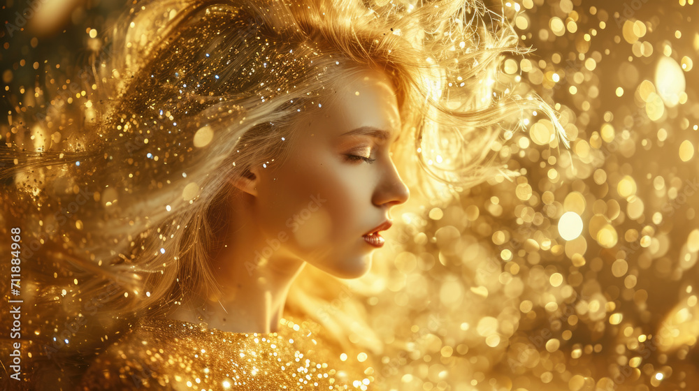 An elegant blonde woman in a gold dress exudes a festive and luxurious atmosphere, perfect for fashion and product advertising. An elegant blonde woman in a gold dress exudes a festive and luxurious atmosphere, perfect for fashion and product advertising.