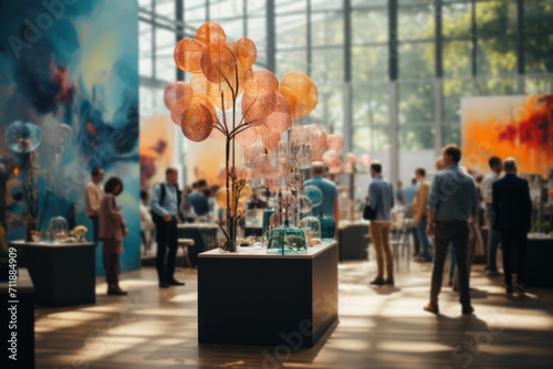An artistic rendering of a local art fair where attendees purchase artworks using blockchain-based payments, highlighting the integration of secure and transparent transactions. Generative Ai. photo