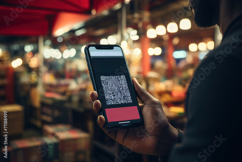 A close-up shot of a market vendor scanning a customer's loyalty app for a discount during checkout, highlighting the dual functionality of electronic payment apps. Generative Ai.
