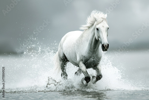 White horse running through water