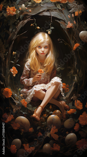 A cute girl with flower, mystery Easter style, dark background