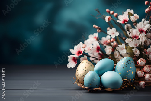 Colorful easter eggs in a nest, holiday art