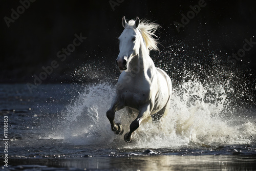 White horse running through water © Kateryna